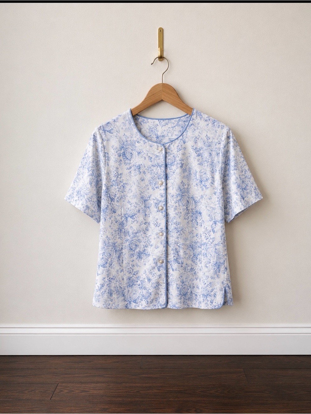 Aljin by Blair Blue Floral Silky Button Front Blouse